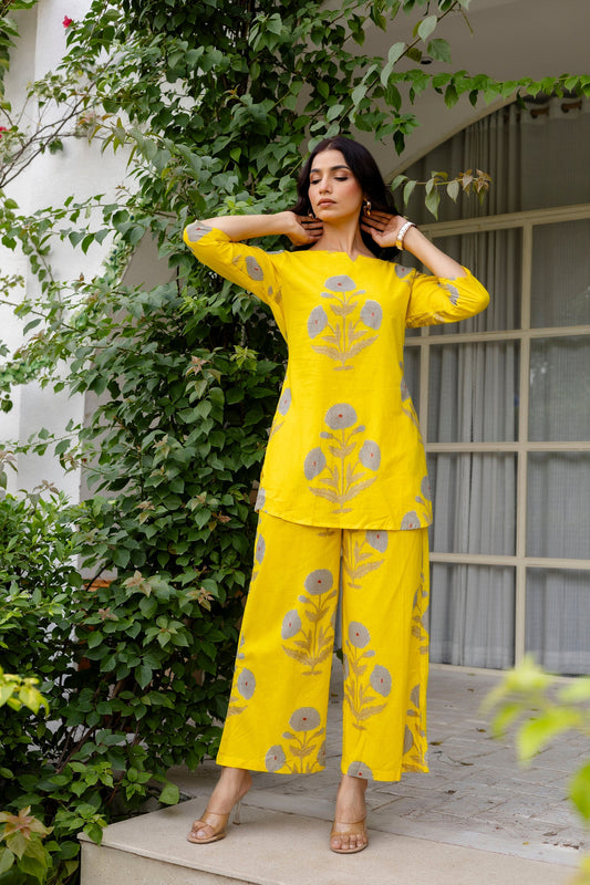 Amber Blossom Yellow Floral Cotton Co-ord Set