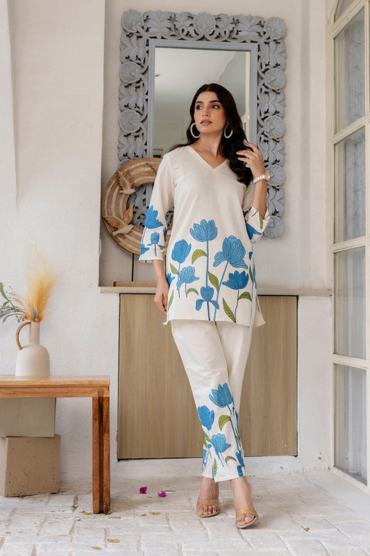 Bluebell Charm Off-White Cotton Flex  Printed Co-ord Set