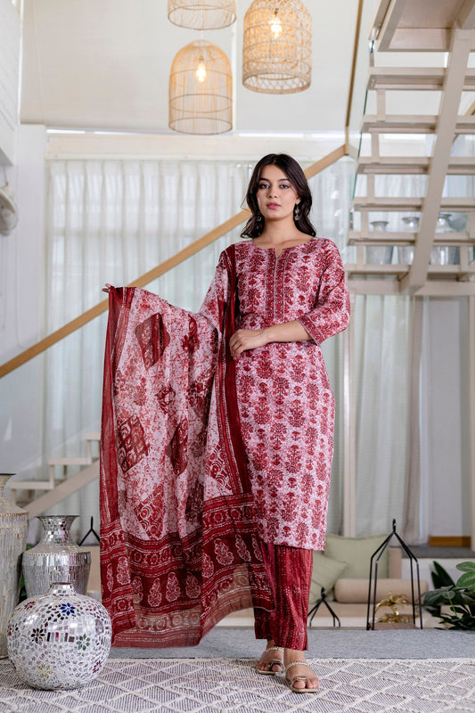 Cherrystone Red Cotton Dupatta Set