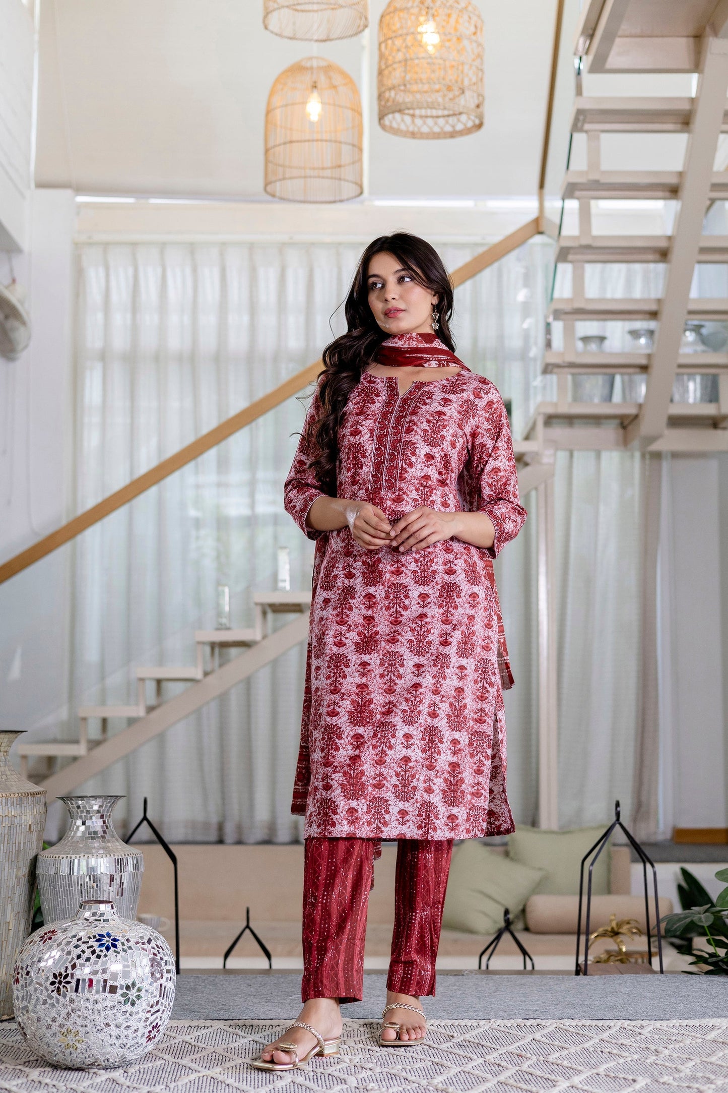 Cherrystone Red Cotton Dupatta Set