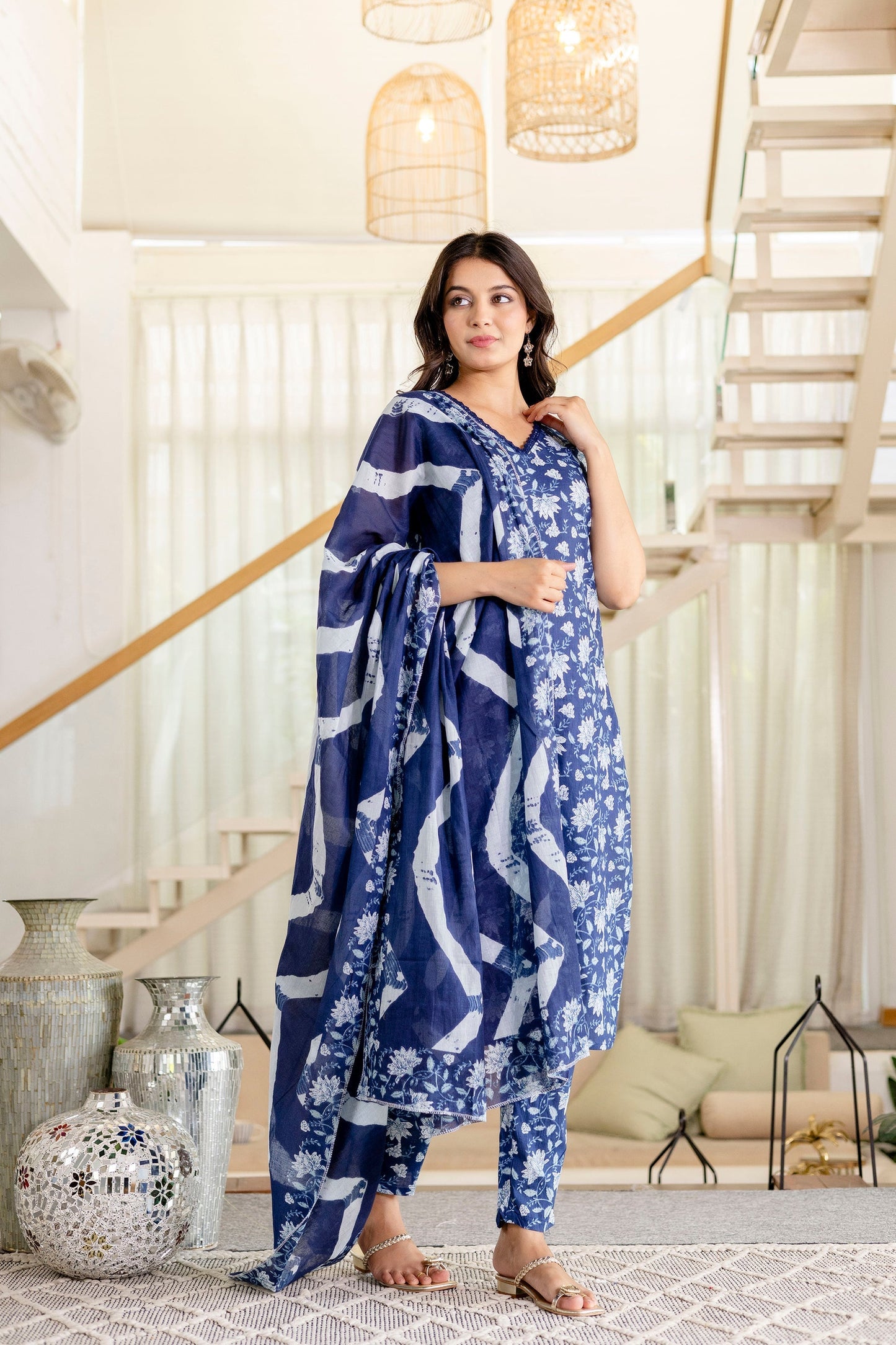 Bluemist Lace Cotton Dupatta Set
