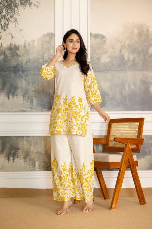 Cloudgold Off-White & Mustard Botanical Cotton Flex Co-ord Set