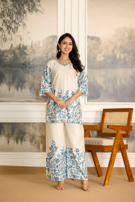 Ivoryfern Off-White & Green Botanical Cotton Flex Co-ord Set
