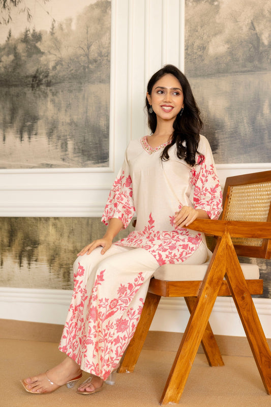 Snowpetal Off-White & Blush Floral Cotton Flex Co-ord Set