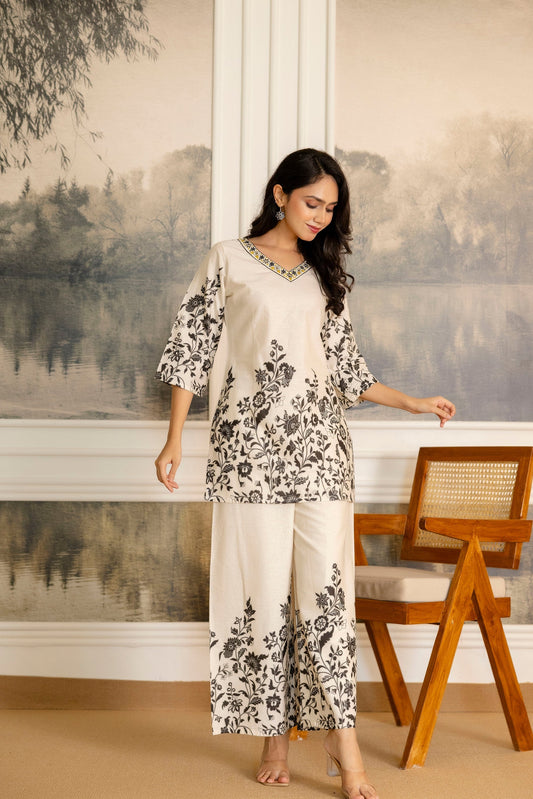 Pearlvine Off-White & Olive Botanical Cotton Flex Co-ord Set