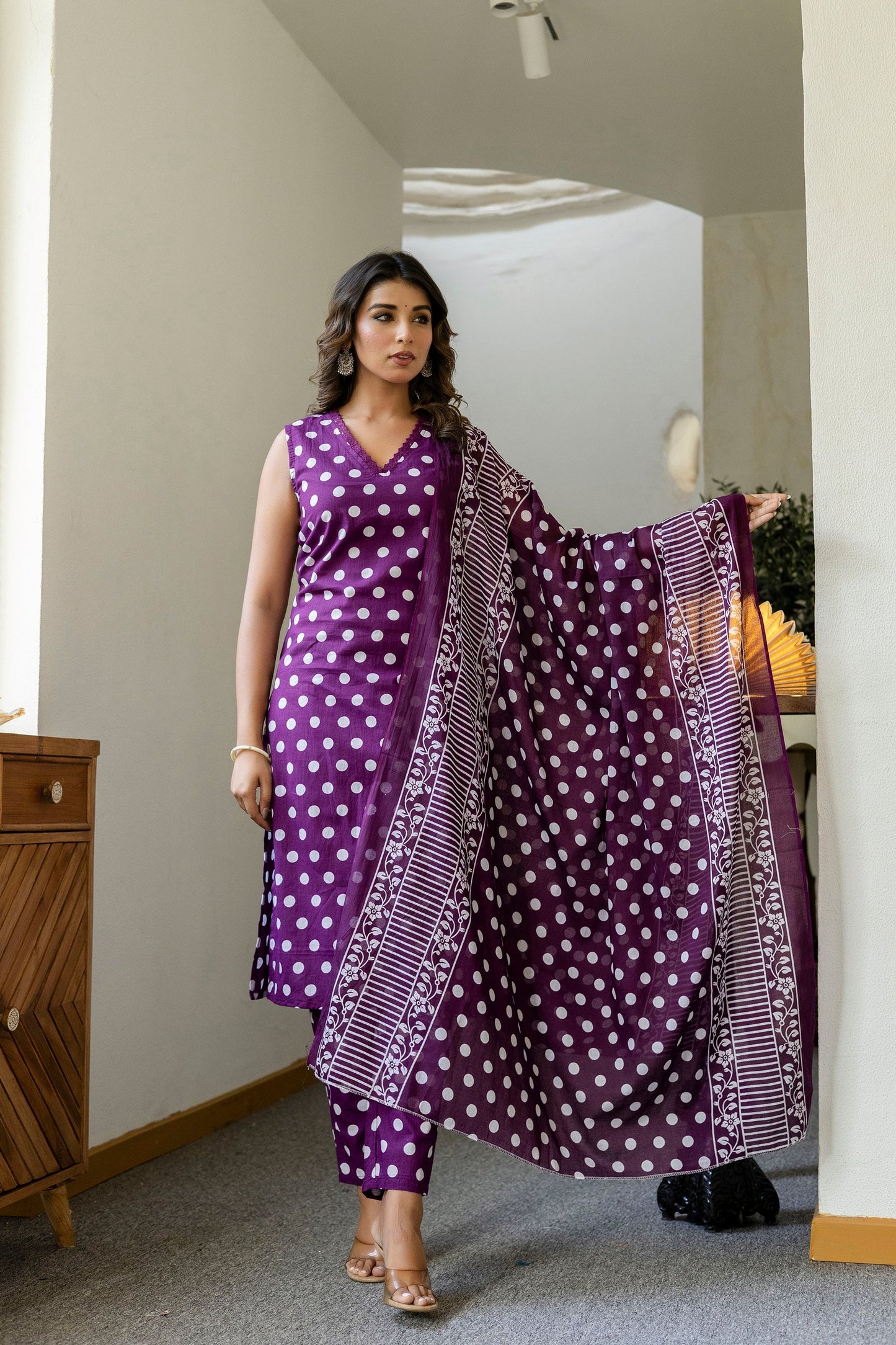 Purple Dotty Cotton Dupatta Set