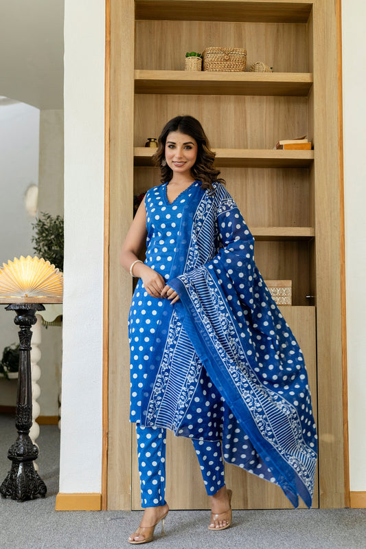 Blue Dotty Cotton Dupatta Set