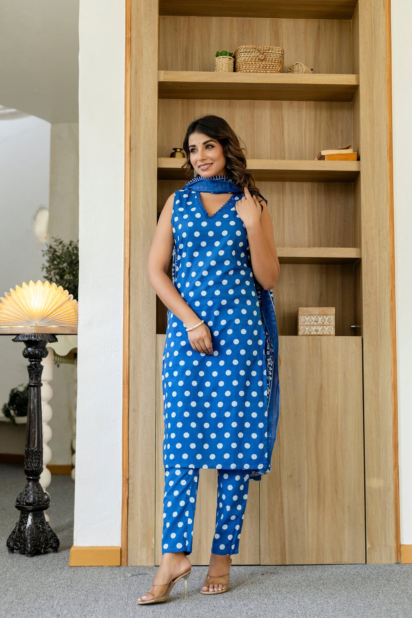 Blue Dotty Cotton Dupatta Set