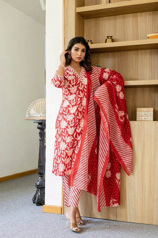 Ruby Red Cotton Dupatta Set