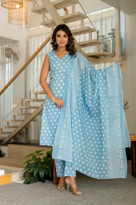 Sky Blue Dotty Cotton Dupatta Set