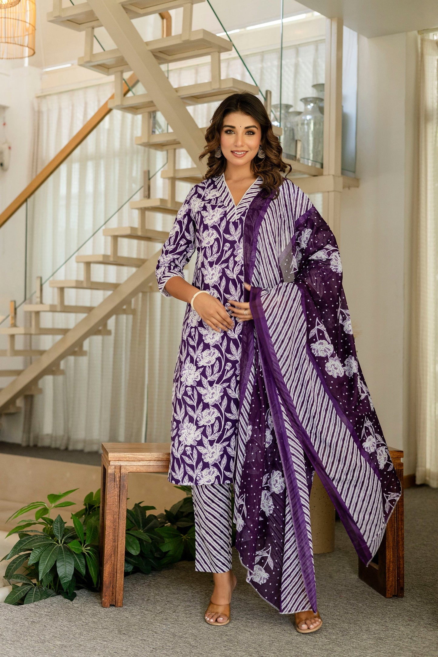 Purple Cotton Dupatta Set