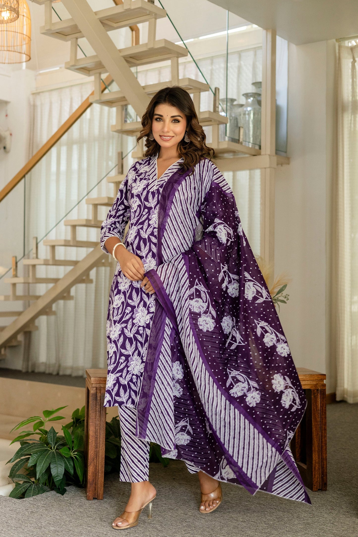 Purple Cotton Dupatta Set