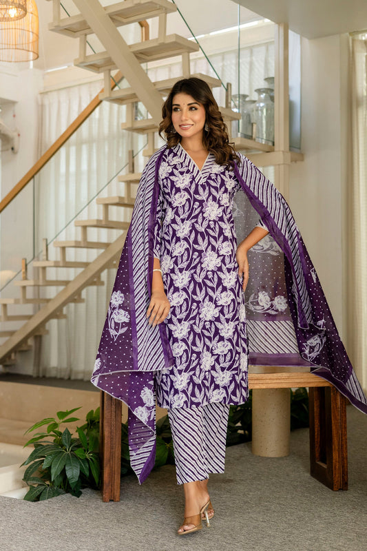 Purple Cotton Dupatta Set