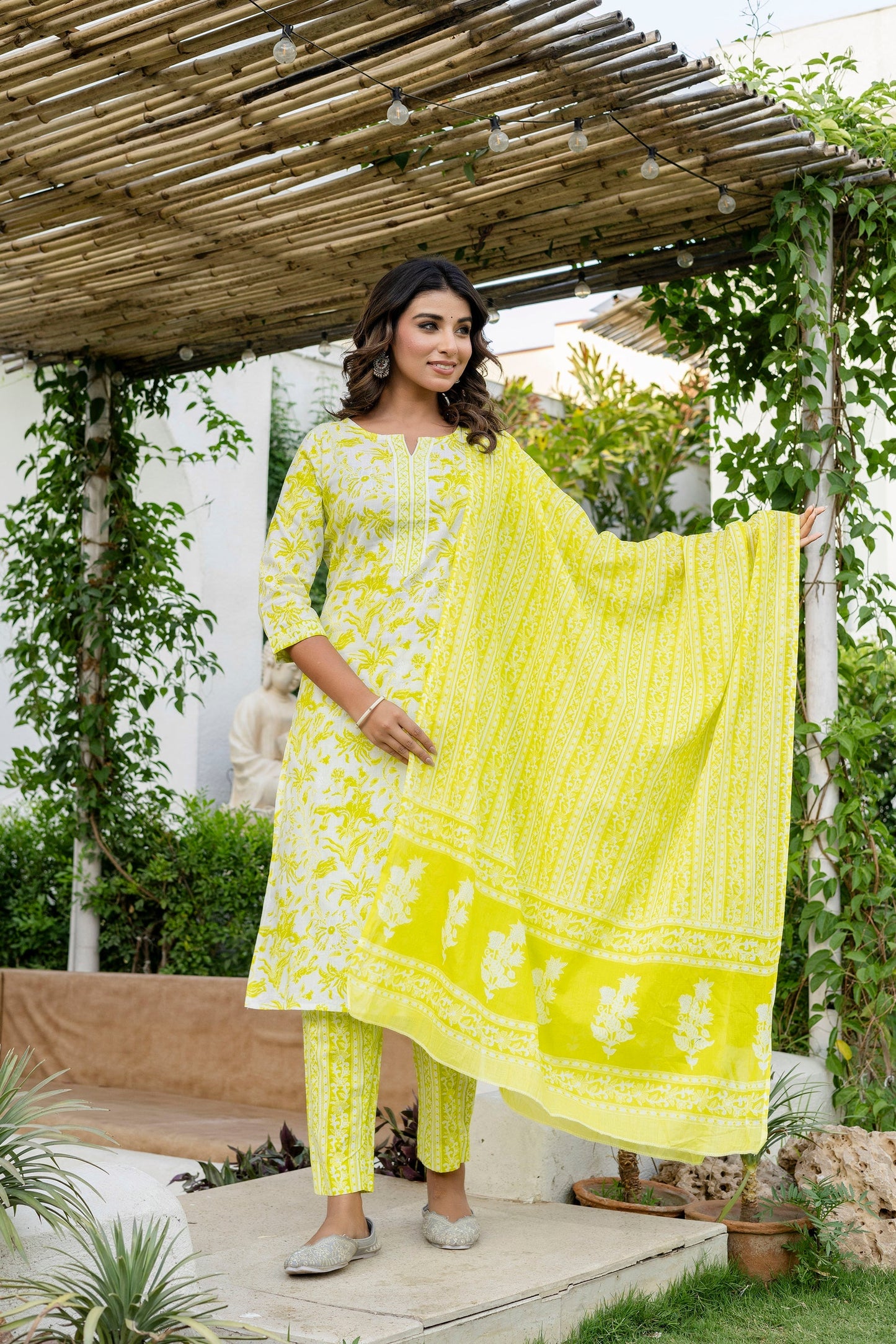 Lemon Yellow Cotton Dupatta Set