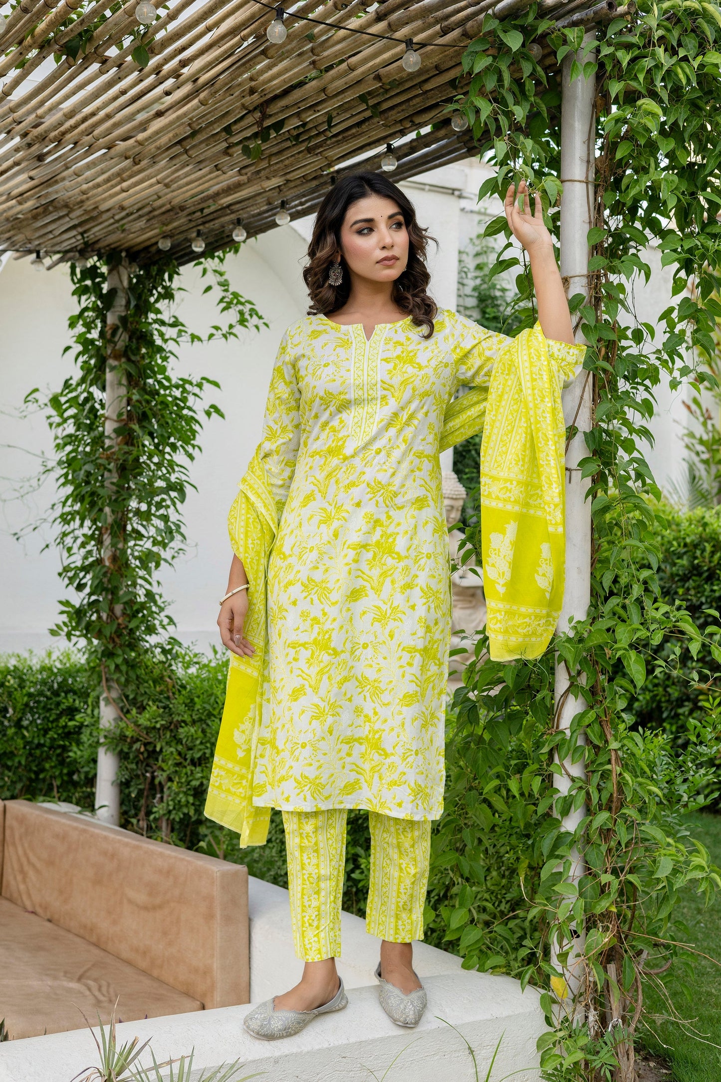 Lemon Yellow Cotton Dupatta Set