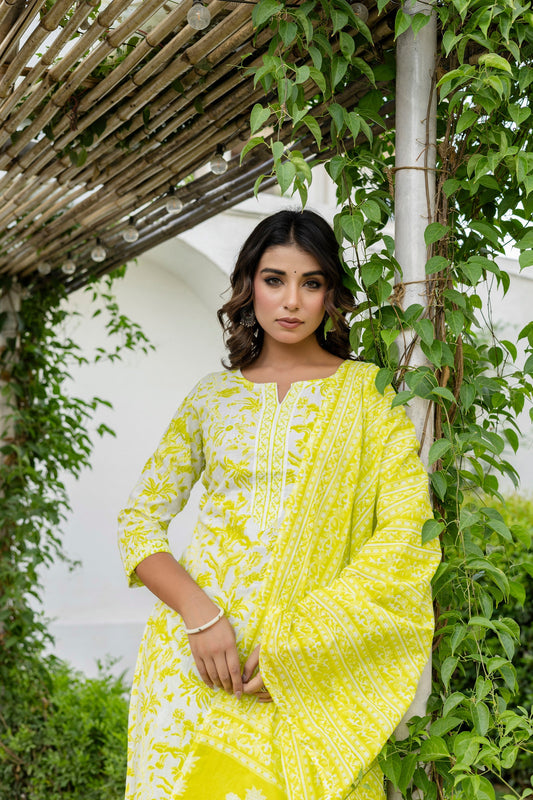 Lemon Yellow Cotton Dupatta Set