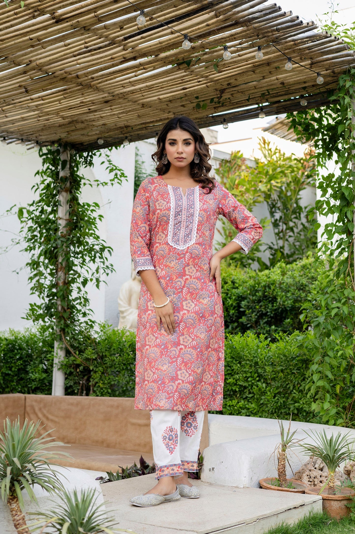 Coral Peach Cotton Dupatta Set