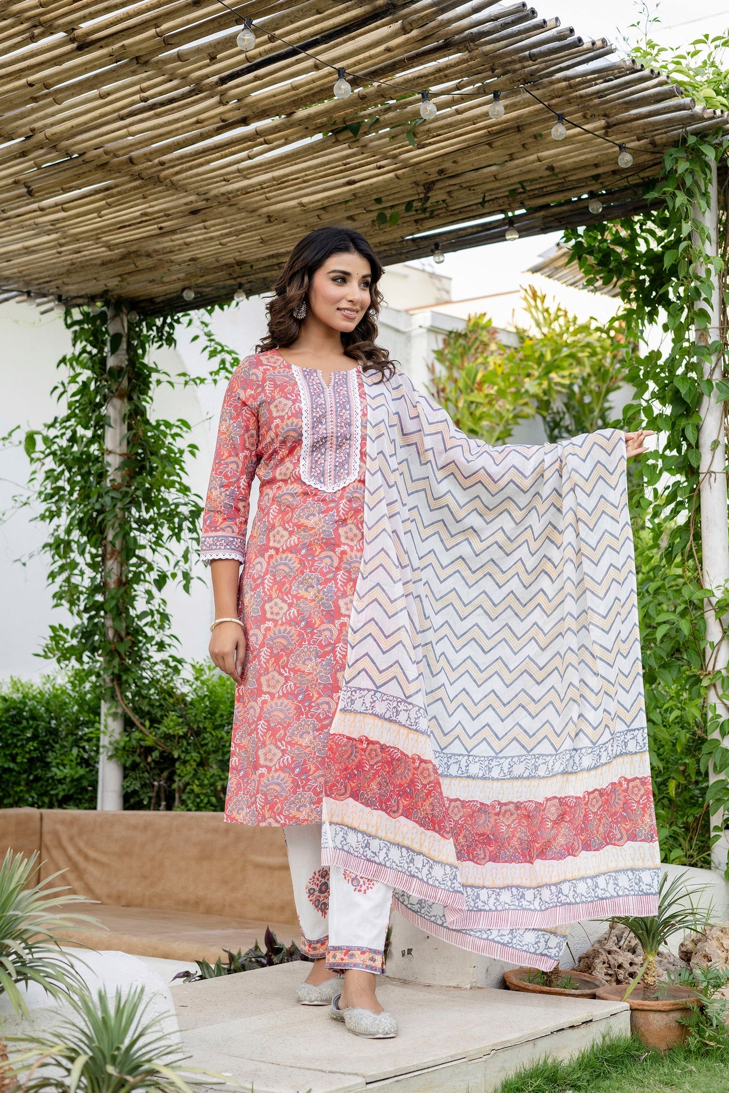 Coral Peach Cotton Dupatta Set