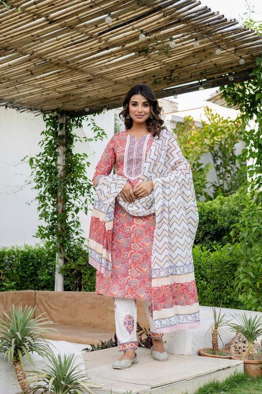 Coral Peach Cotton Dupatta Set