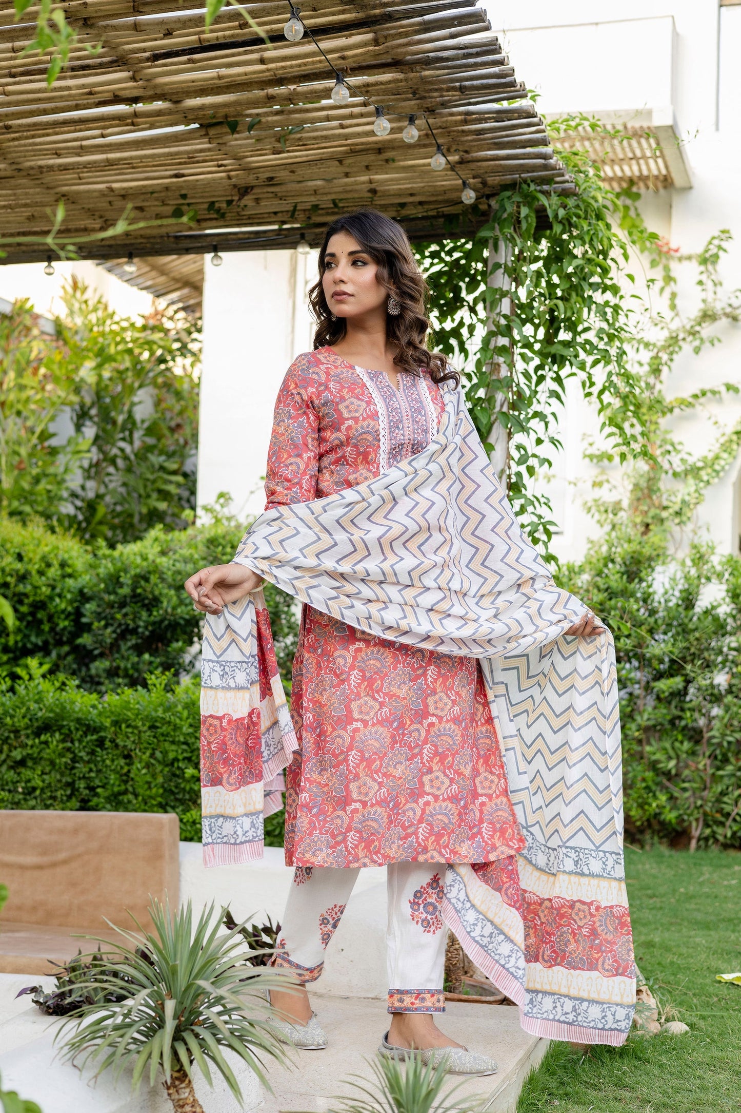 Coral Peach Cotton Dupatta Set
