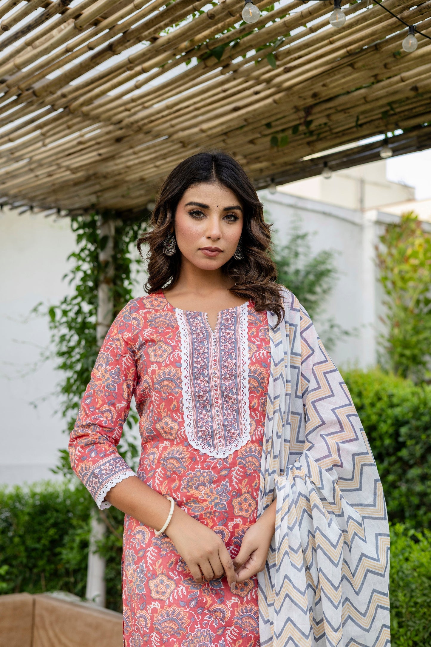 Coral Peach Cotton Dupatta Set