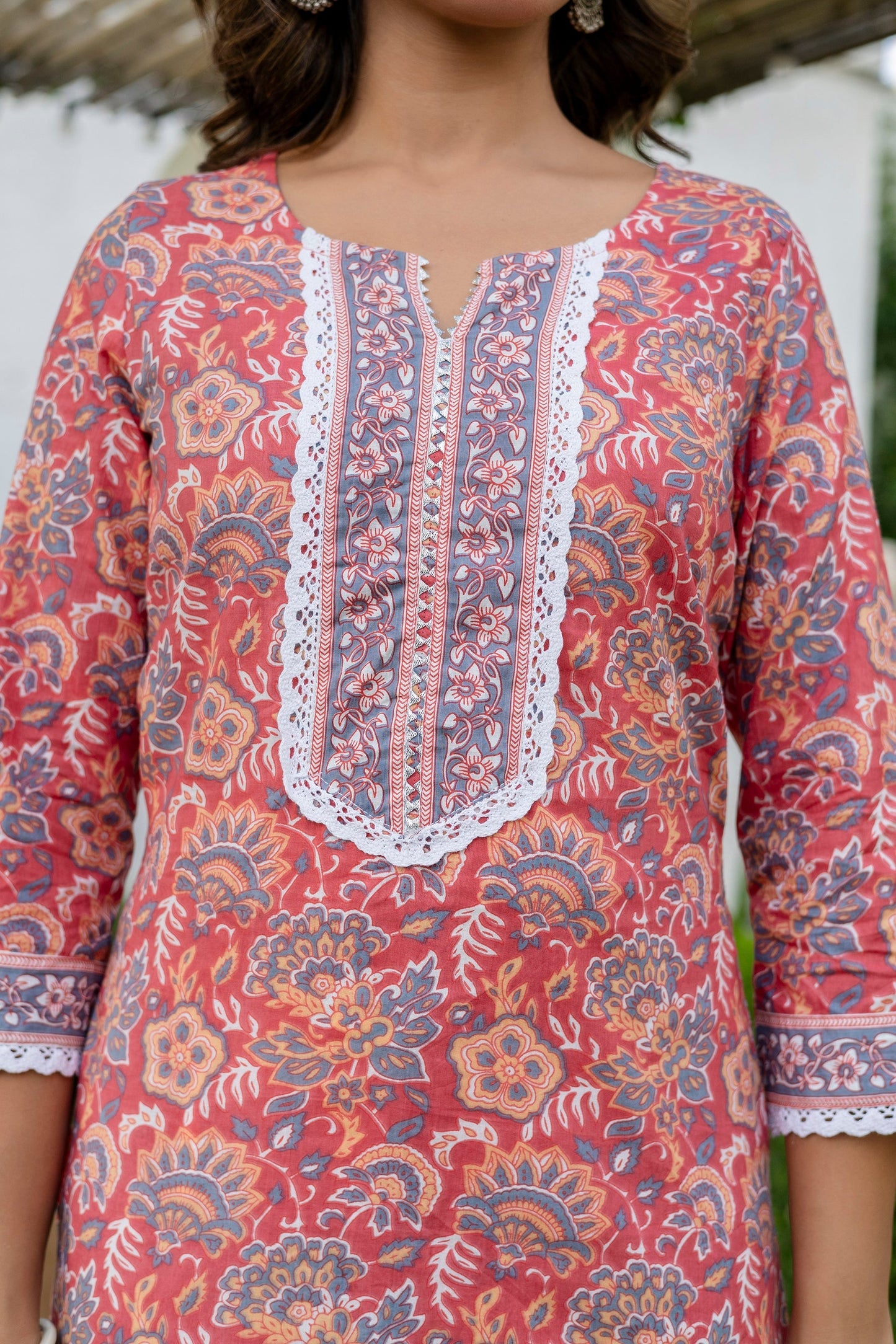 Coral Peach Cotton Dupatta Set