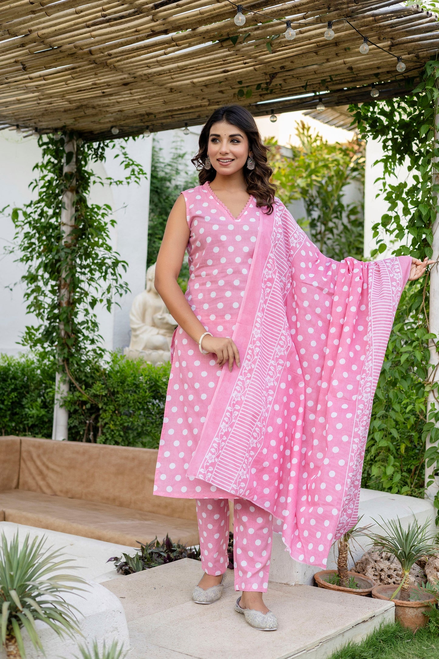 Pink Dotty Cotton Dupatta Set