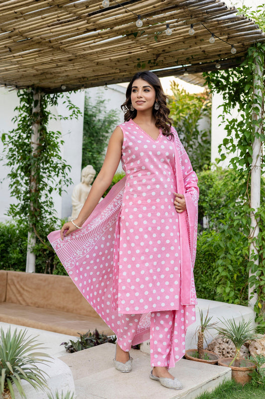 Pink Dotty Cotton Dupatta Set