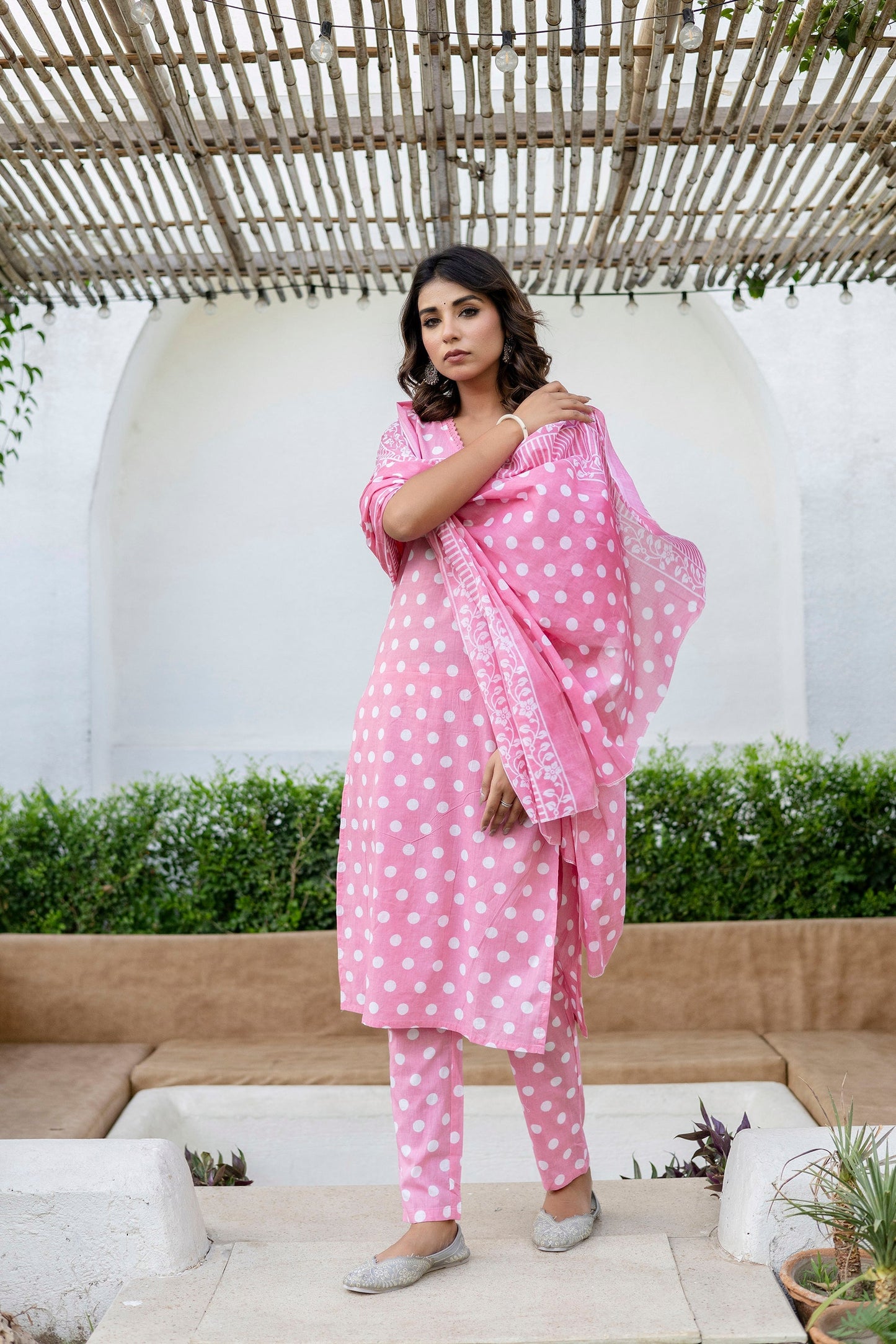 Pink Dotty Cotton Dupatta Set