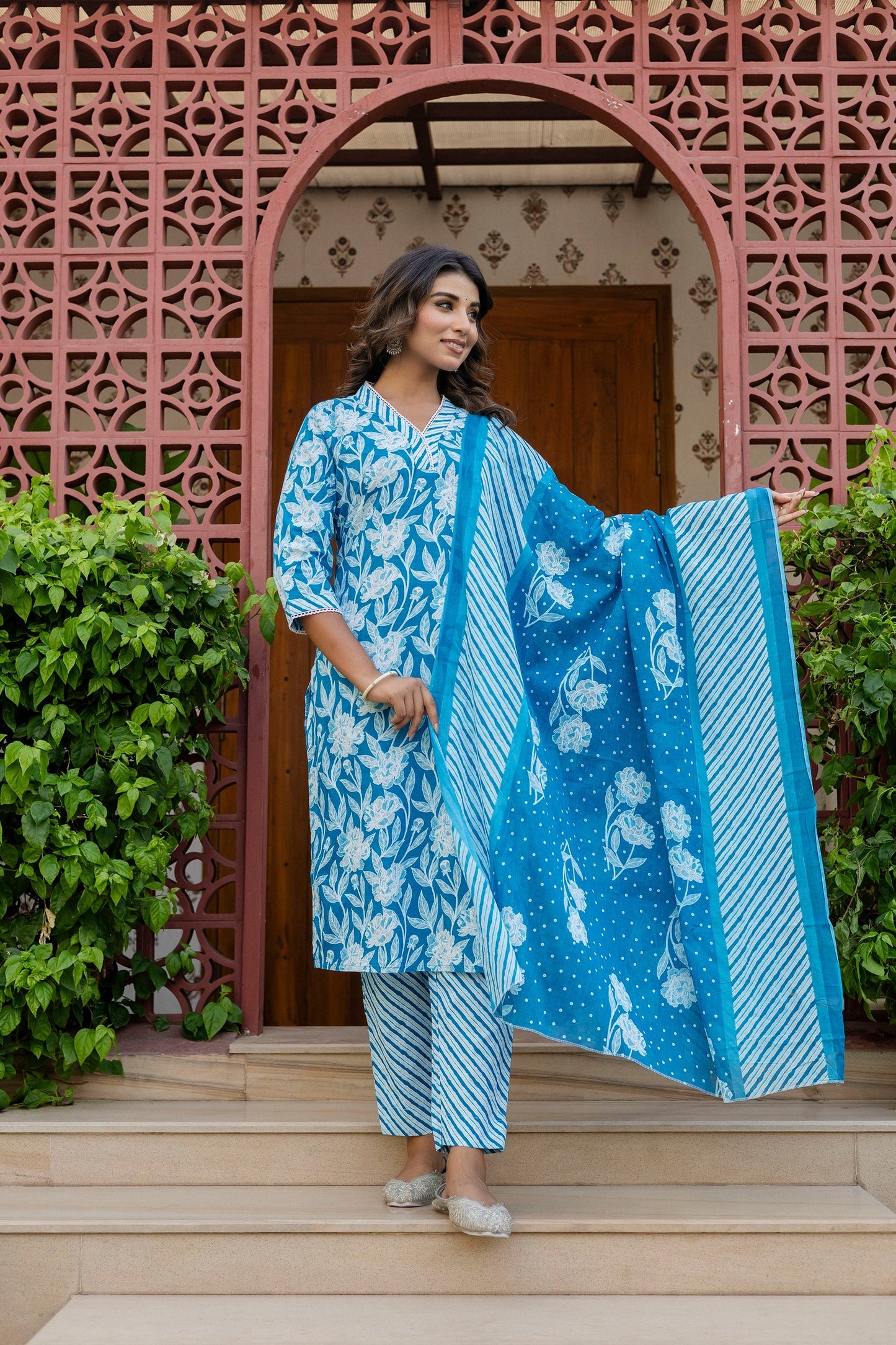 Blue Cotton Dupatta Set