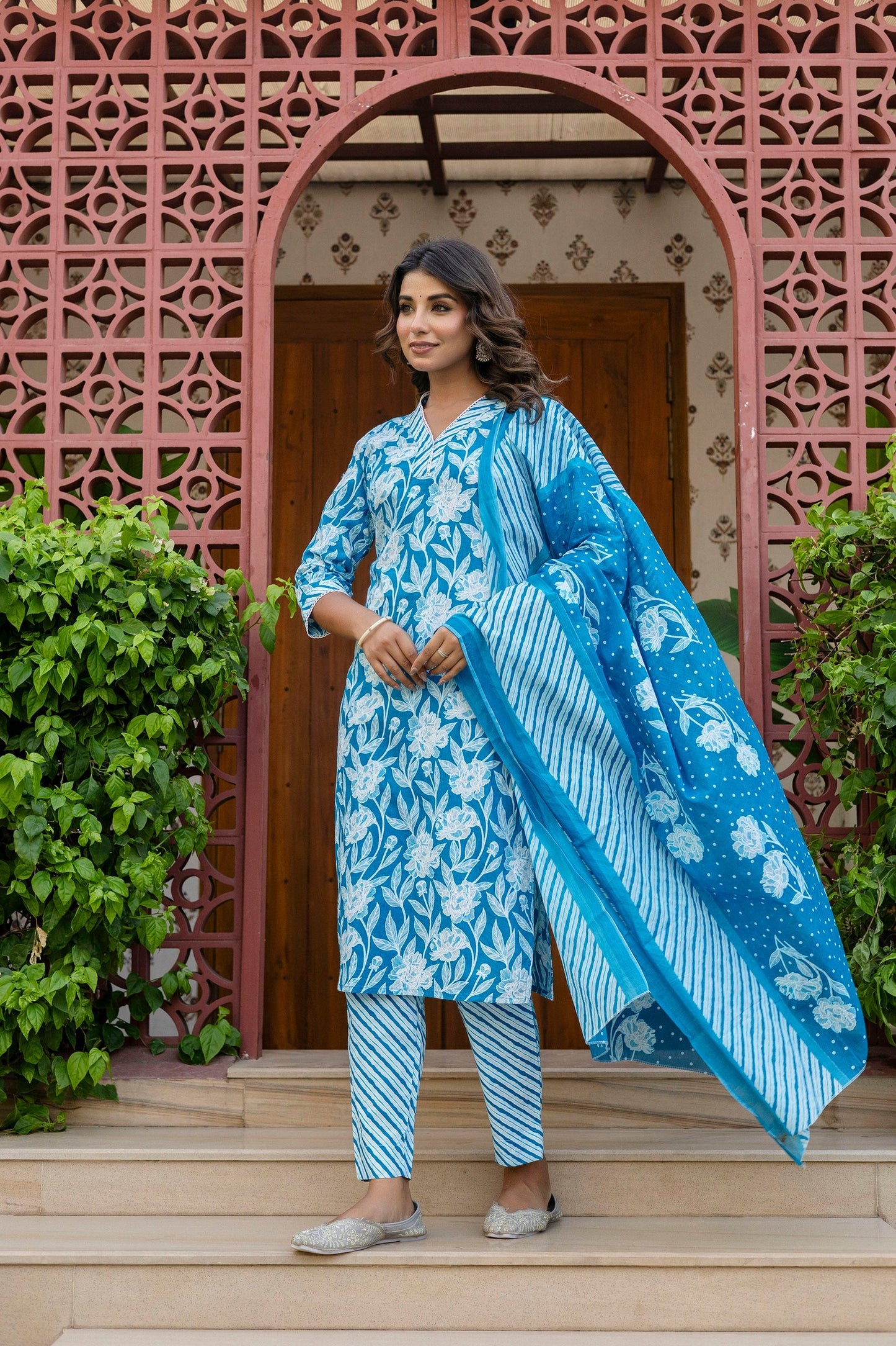 Blue Cotton Dupatta Set