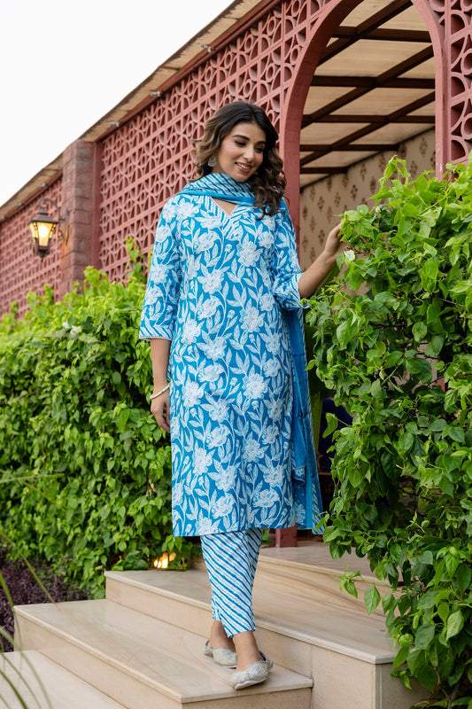 Blue Cotton Dupatta Set