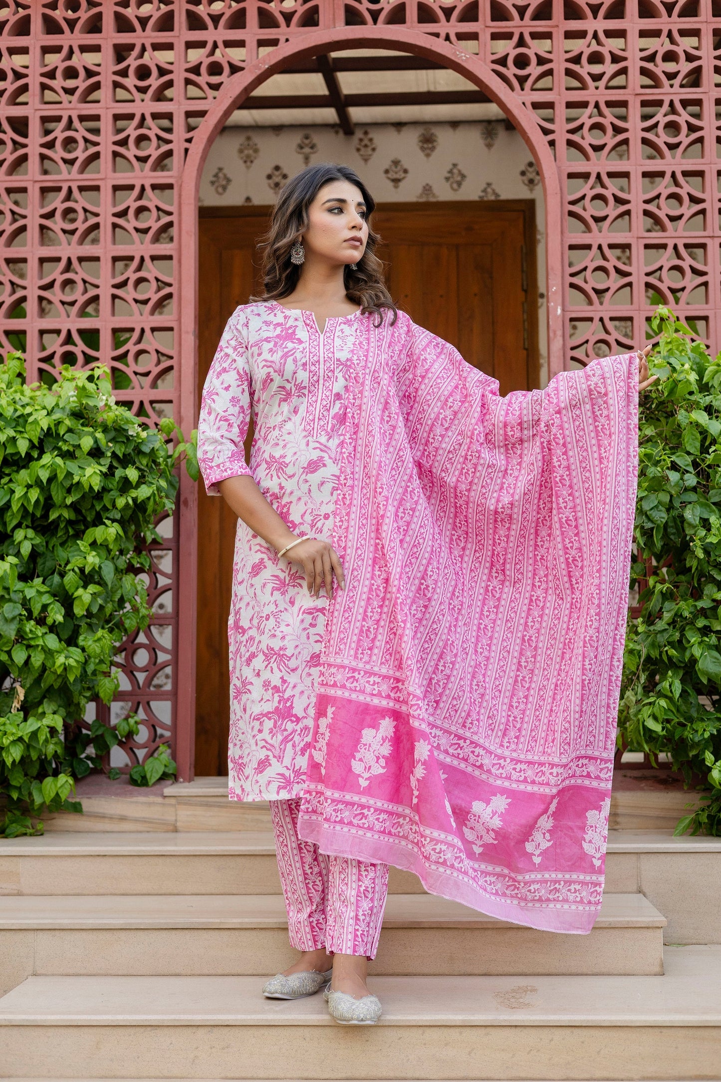 Rosewood Pink Cotton Dupatta Set