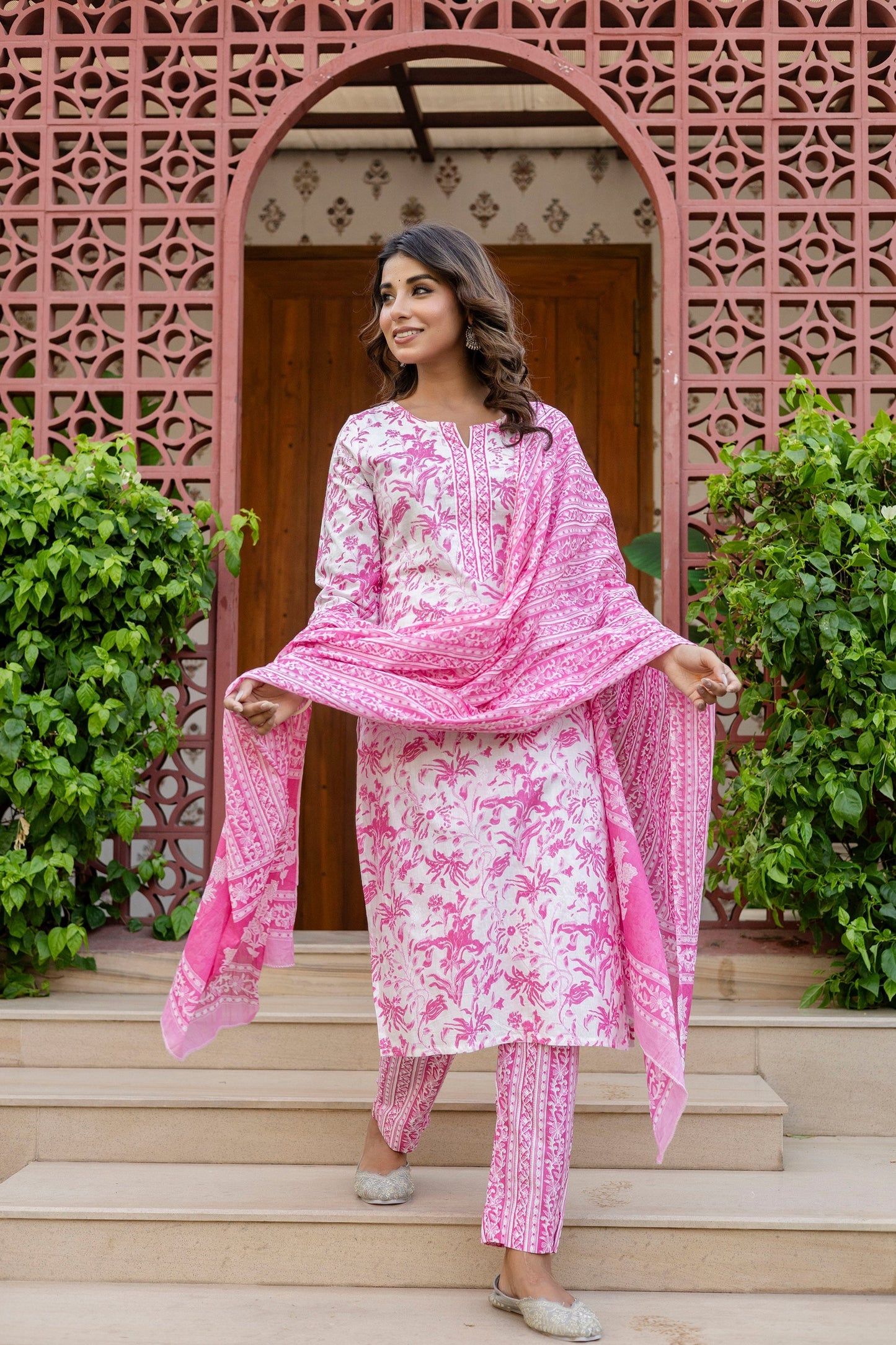 Rosewood Pink Cotton Dupatta Set