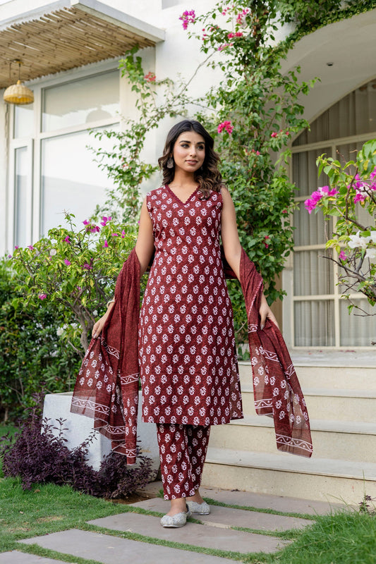 Maroon Cotton Dupatta Set
