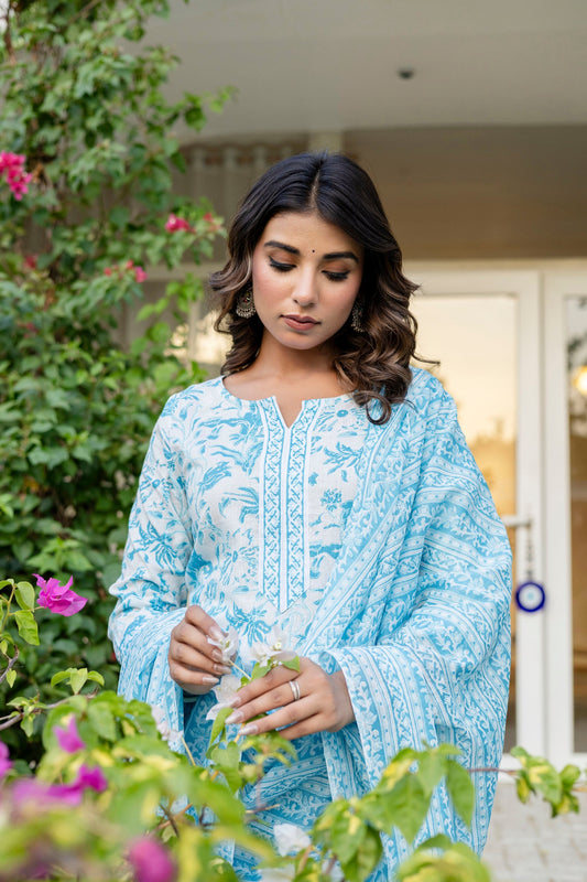 Sapphire Blue Cotton Dupatta Set