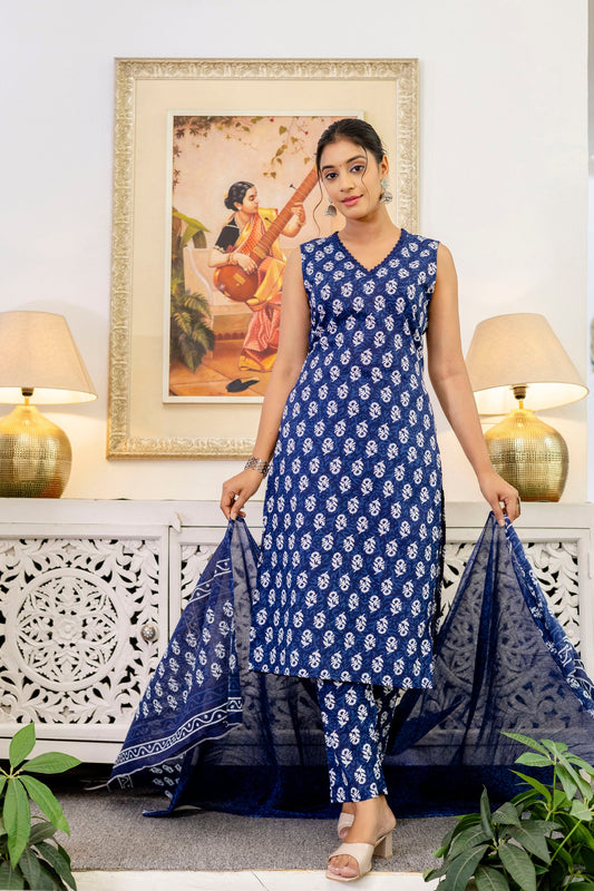 Indigo Floral Cotton Dupatta Set
