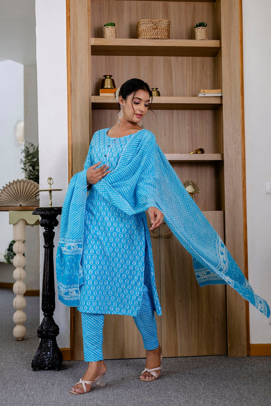 Sky Blue Cotton Dupatta Set