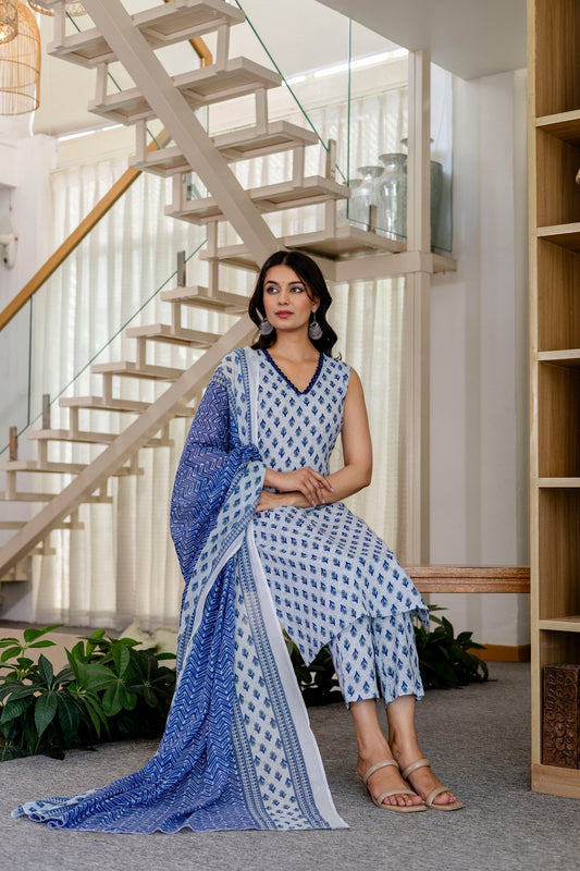 Azure Floral Cotton Dupatta Set