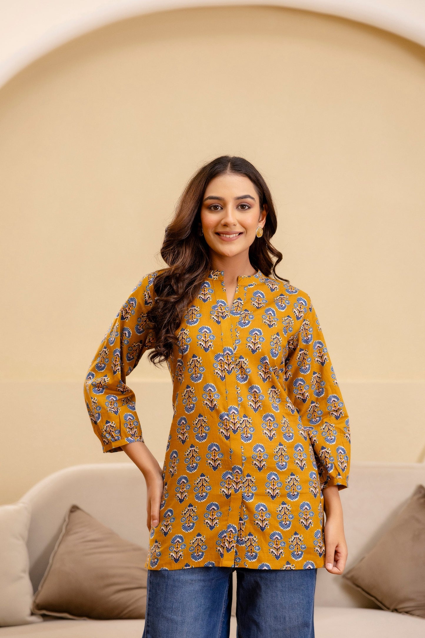 Ochre Radiance Cotton Printed Top