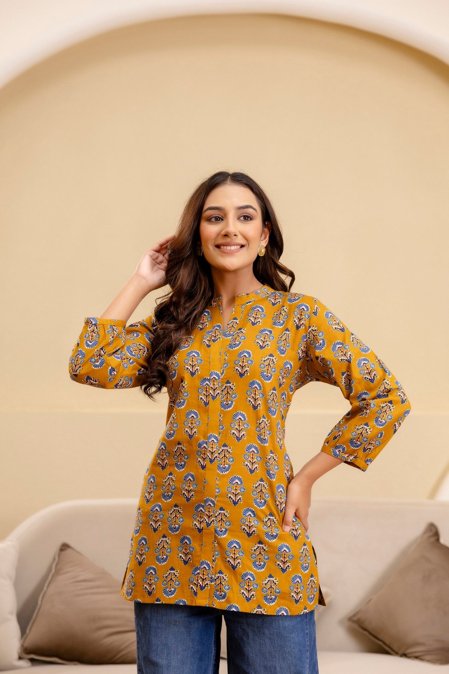 Ochre Radiance Cotton Printed Top