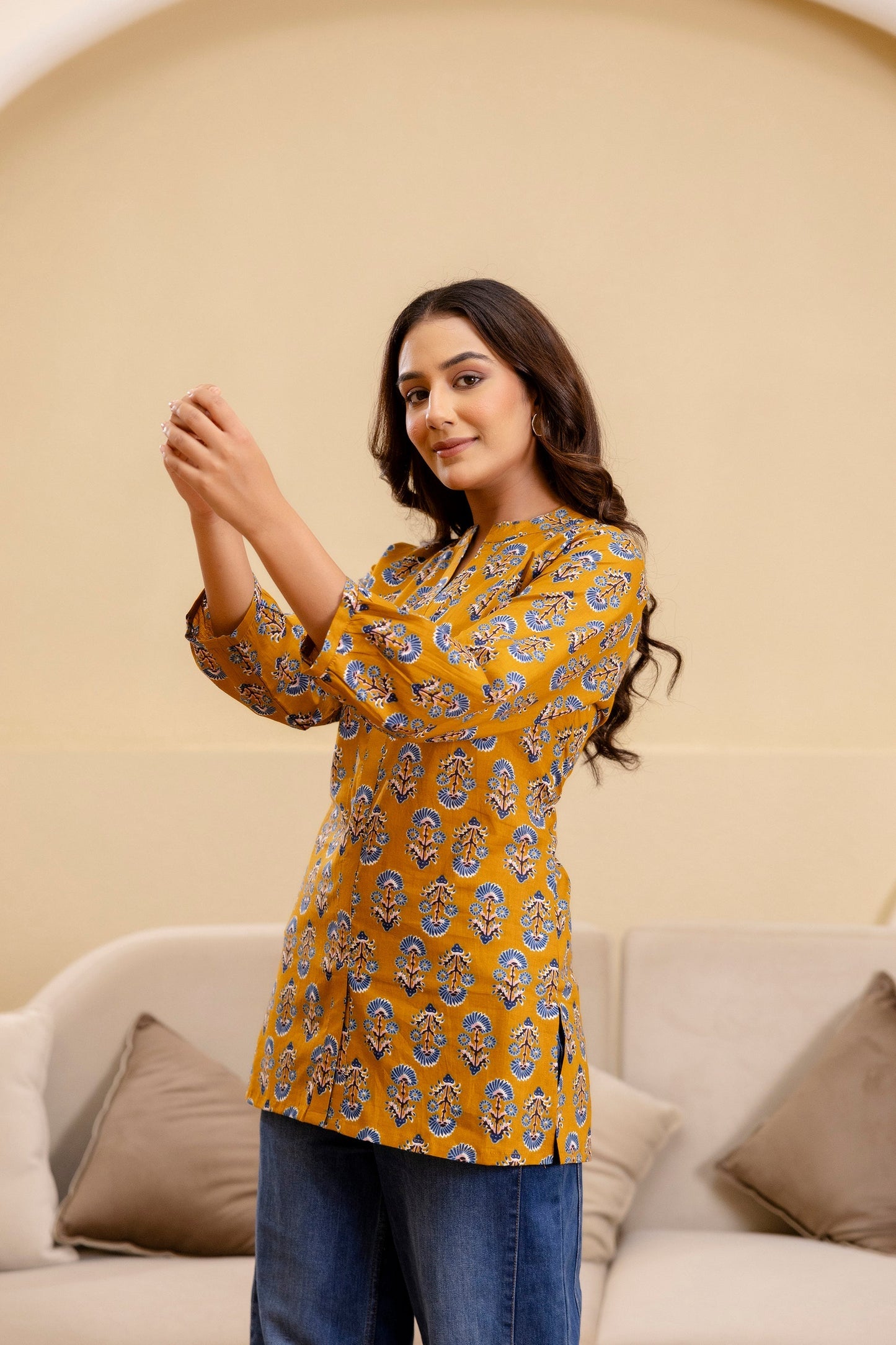 Ochre Radiance Cotton Printed Top