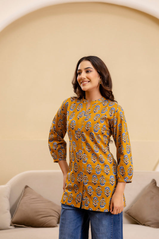 Ochre Radiance Cotton Printed Top
