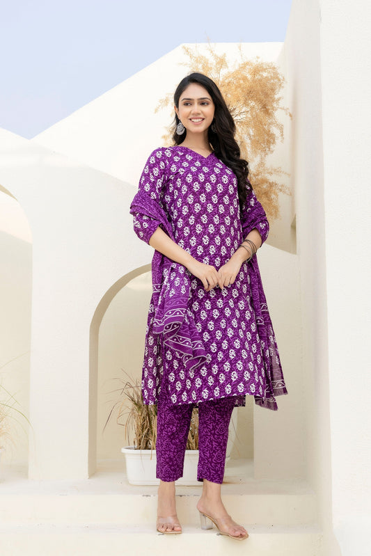 Royal Purple Cotton Printed Kurta Set with Dupatta