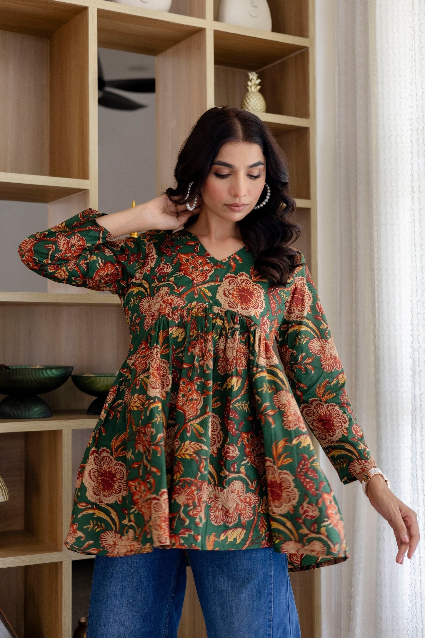 Floral Rhapsody Green Cotton Top