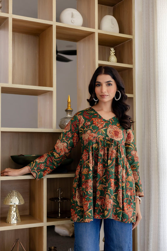 Floral Rhapsody Green Cotton Top